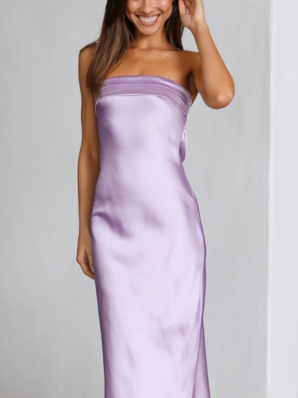 Hello Molly Strapless Satin Dress in Lilac
